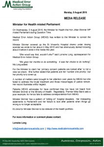 2016.08.08 MEAG MEDIA RELEASE Minister for Health misled Parliament (website)